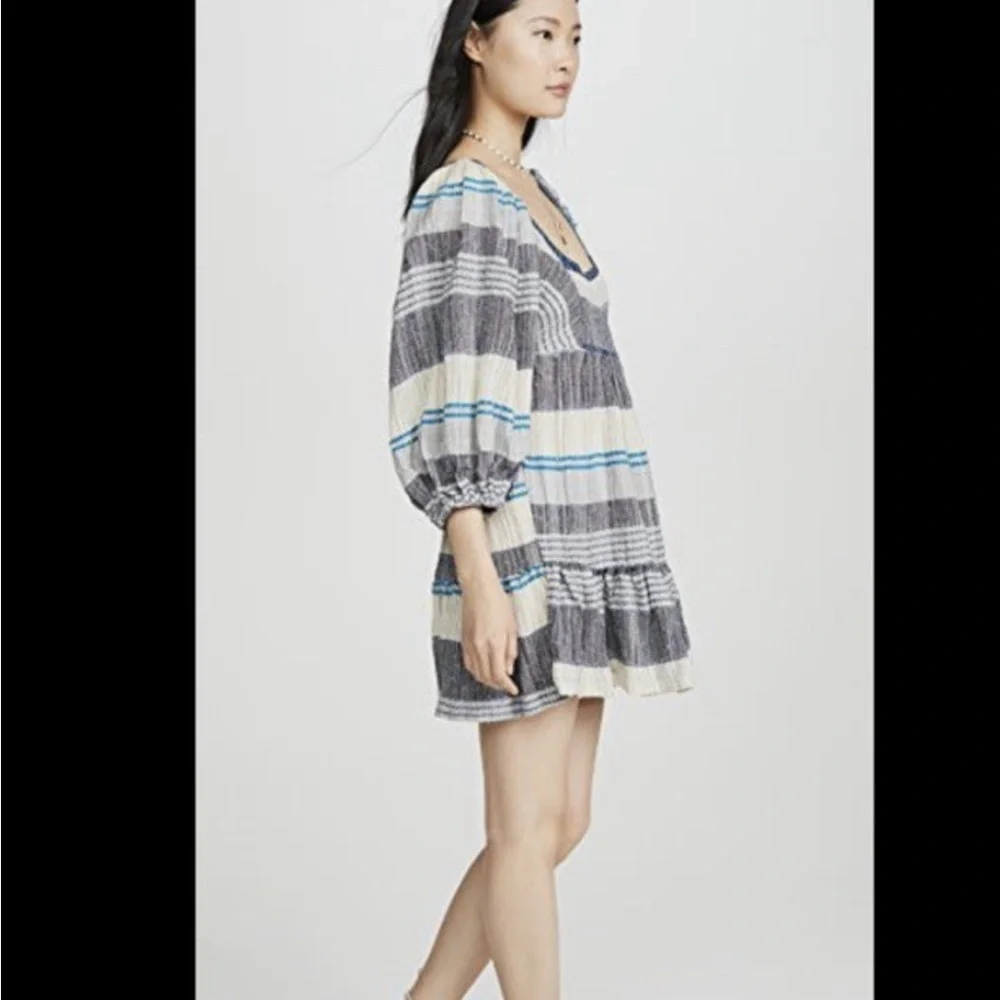 EUC Free People Chic Indigo Combo Gauzy mini dress with balloon sleeves sz XS